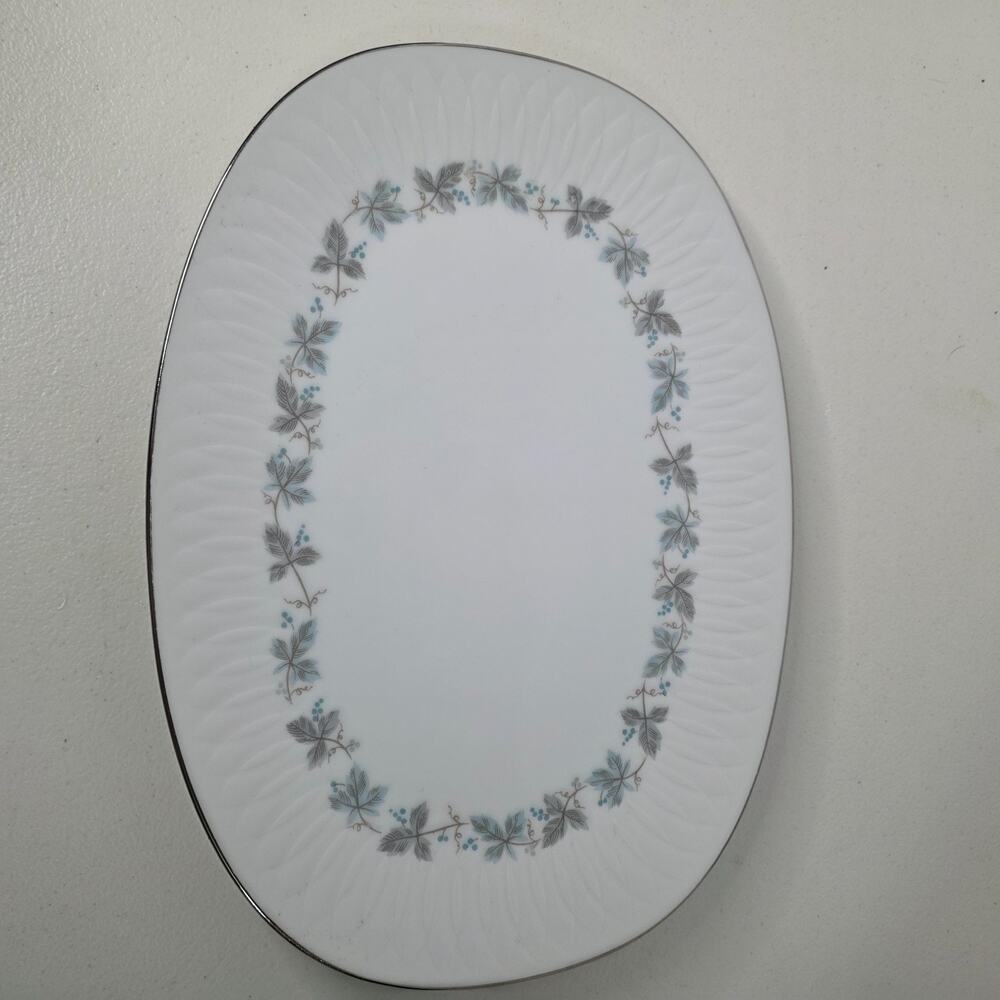 Sango Charleroi Oval Serving Platter Japan Silver Leaf Blue Berry Pattern